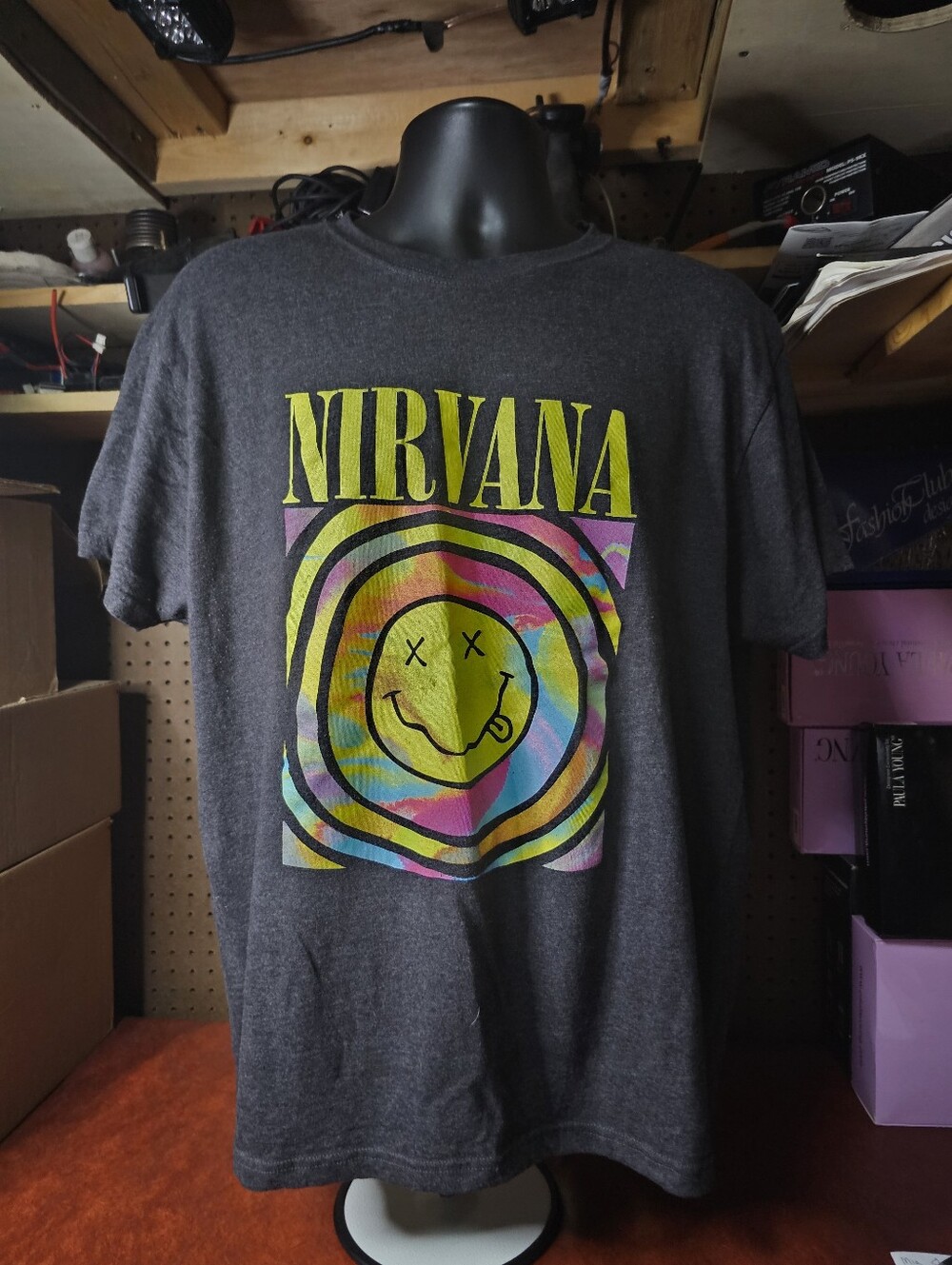 NIRVANA Gray Short-Sleeve Tee with Neon Yellow Smiley and Multicolor Swirl